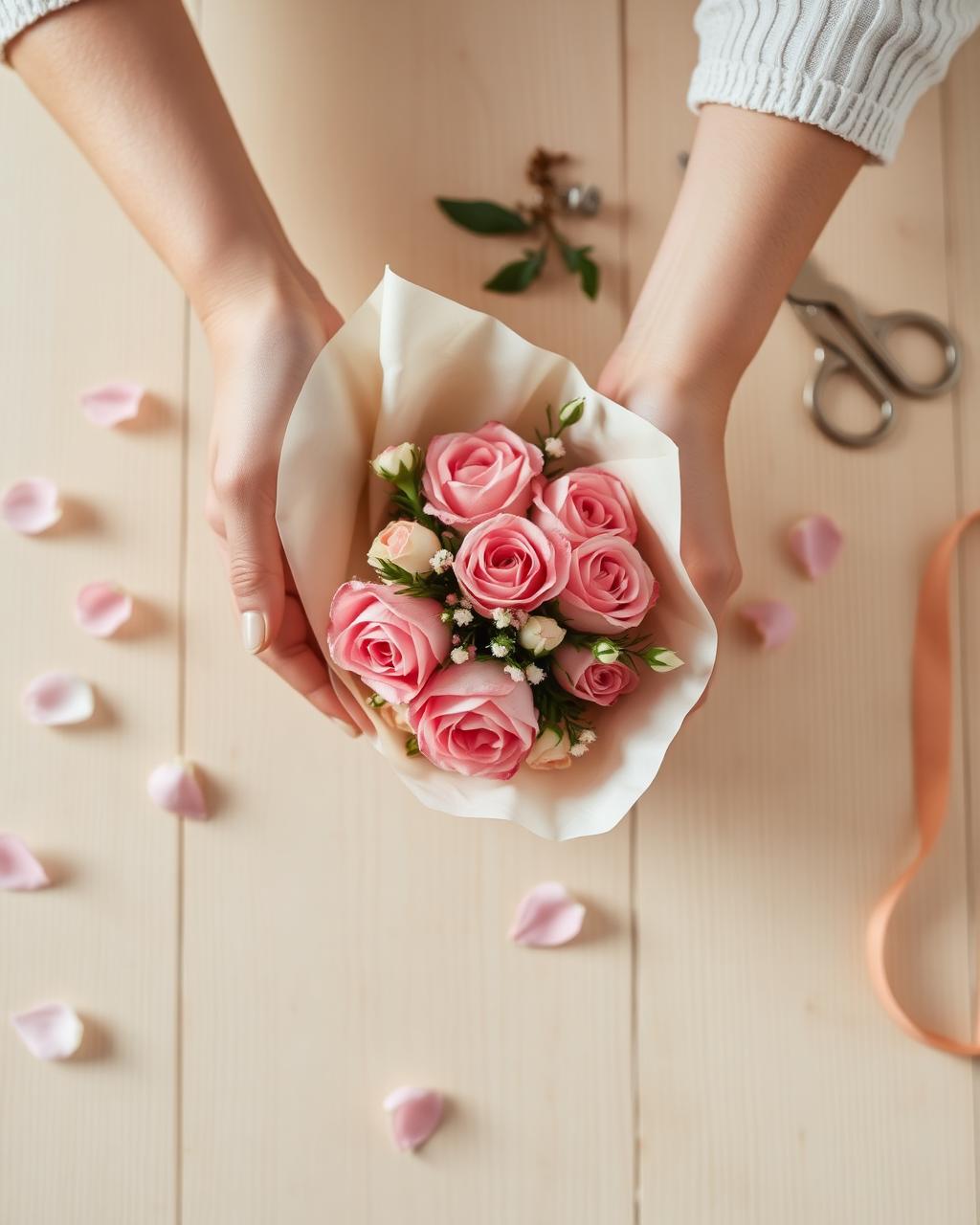 Hands wrapping a small pink bouquet on a wooden table